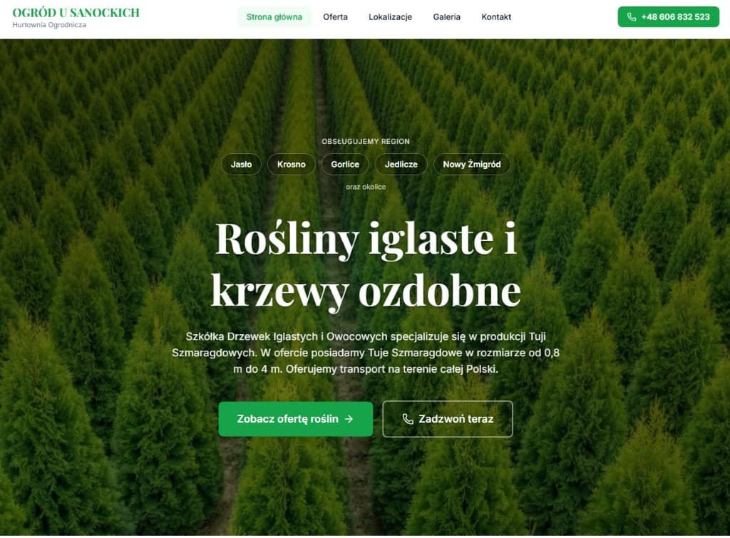 Strona hurtowni ogrodniczej Ogród u Sanockich — Tuje Szmaragdowe, Podkarpacie